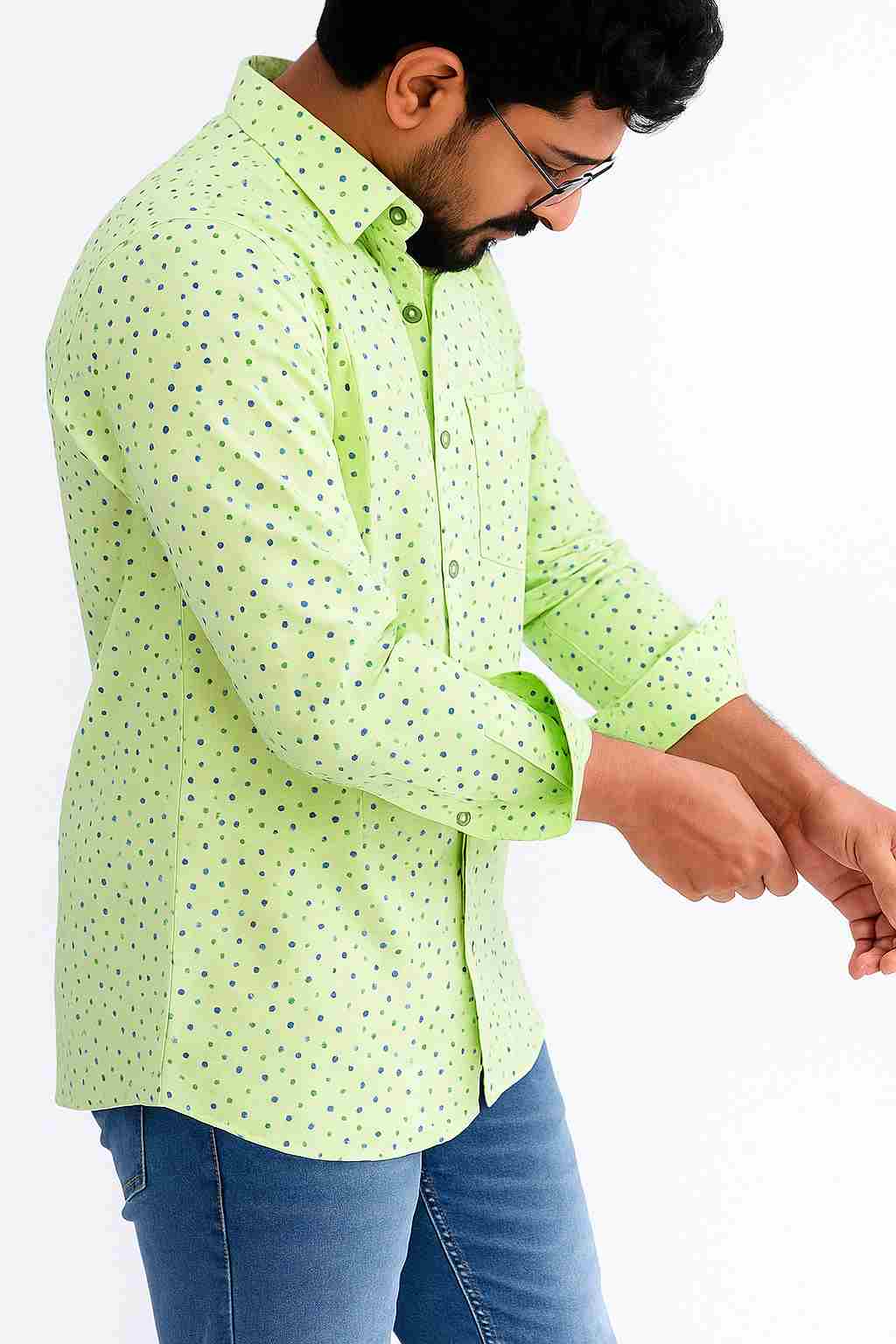 Light Green Printed Terry Cotton Shirt with Polka Dot Pattern - Image 2