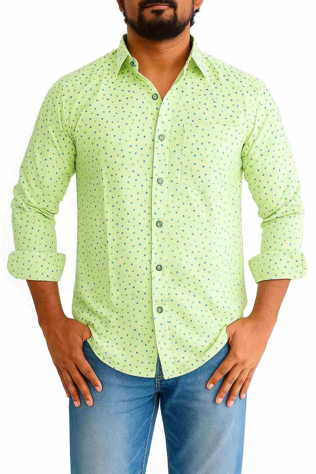 Light Green Printed Terry Cotton Shirt with Polka Dot Pattern