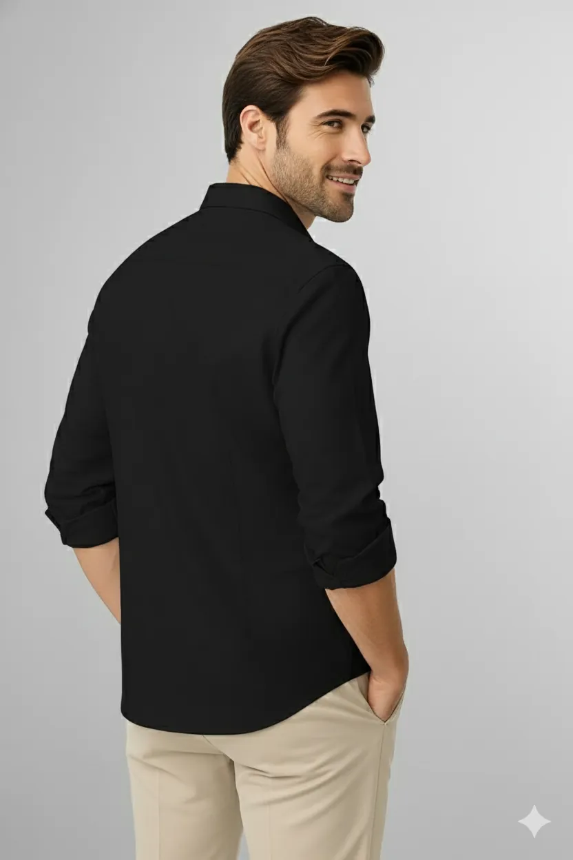 Black Cotton Shirt – Classic Solid Full Sleeve - Image 2