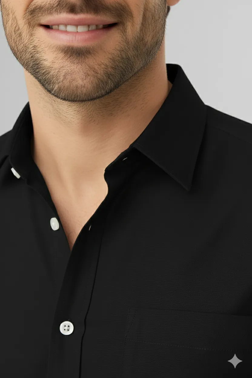 Black Cotton Shirt – Classic Solid Full Sleeve - Image 3
