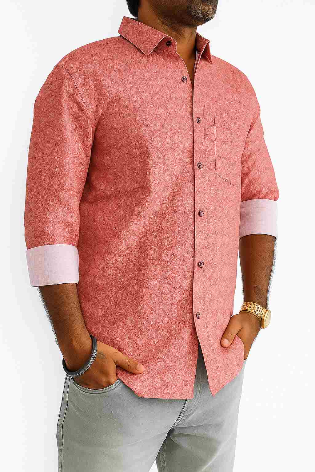 Red Terry Cotton Printed Shirt – Stylish Full Sleeve