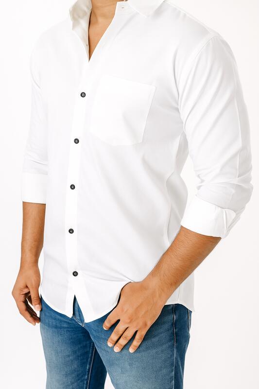 Classic White Cotton Blend Shirt with Black Buttons - Image 3