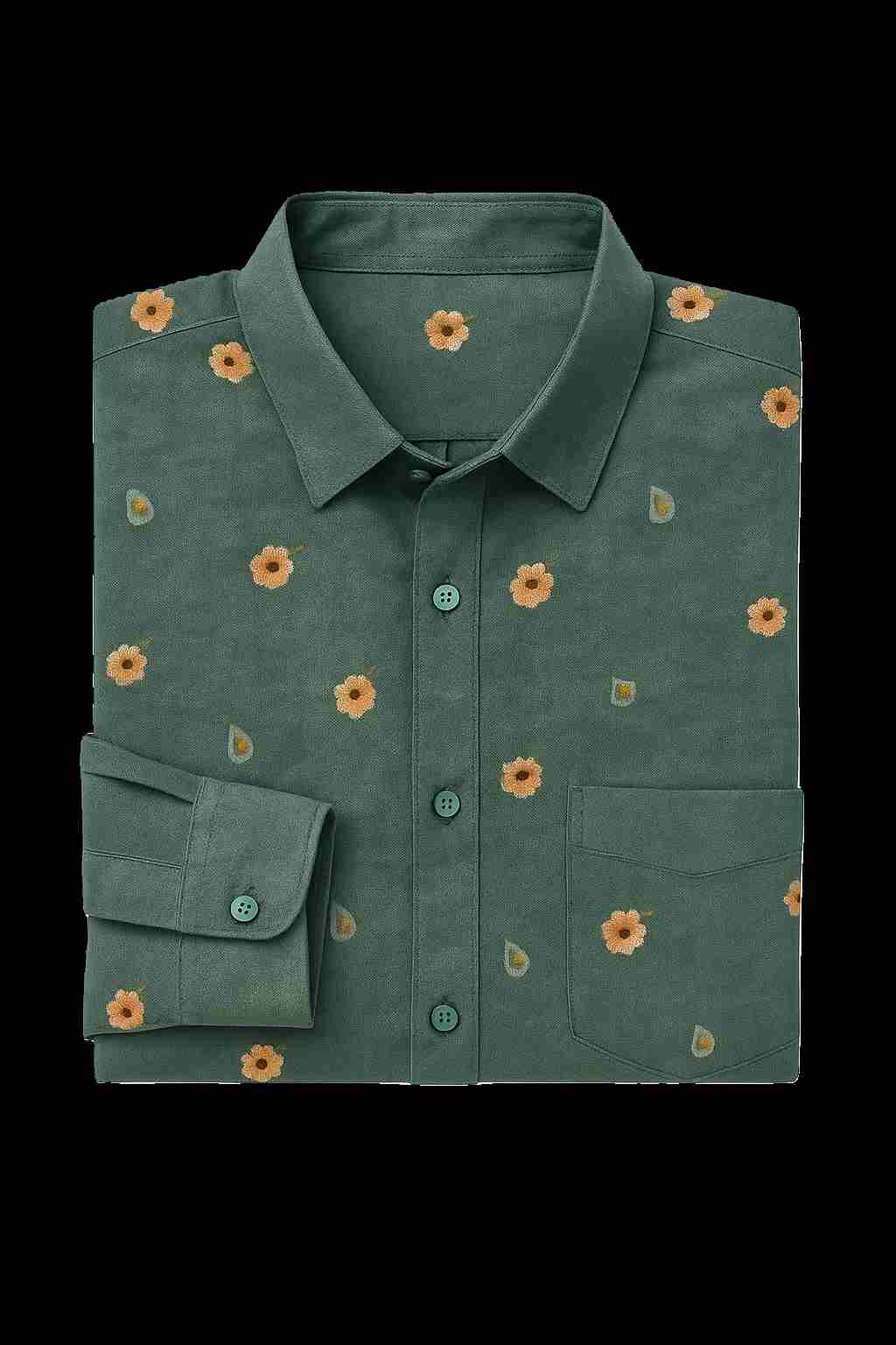 Green Floral Printed Terry Cotton Shirt - Thumbnail 2