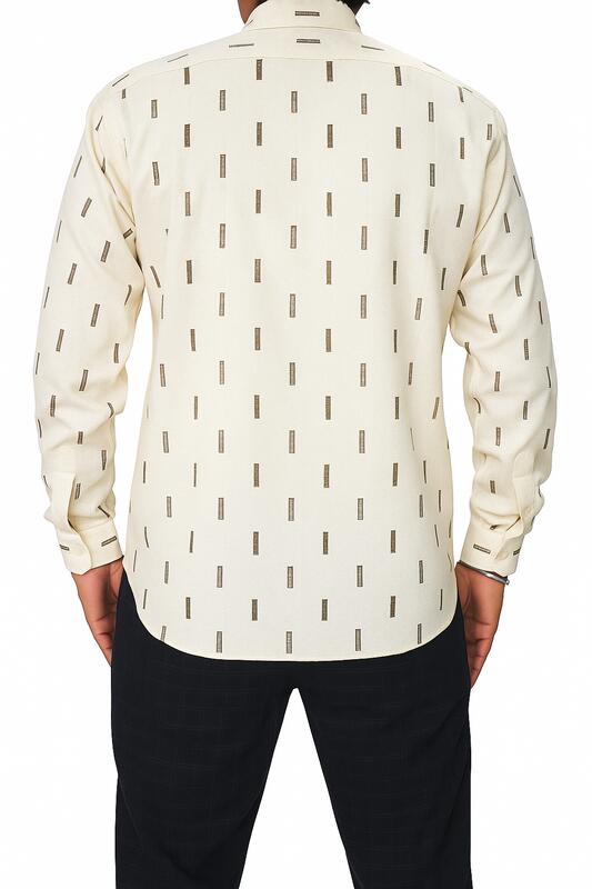 Light Yellow Printed Cotton Shirt with Grey Micro Pattern - Image 4