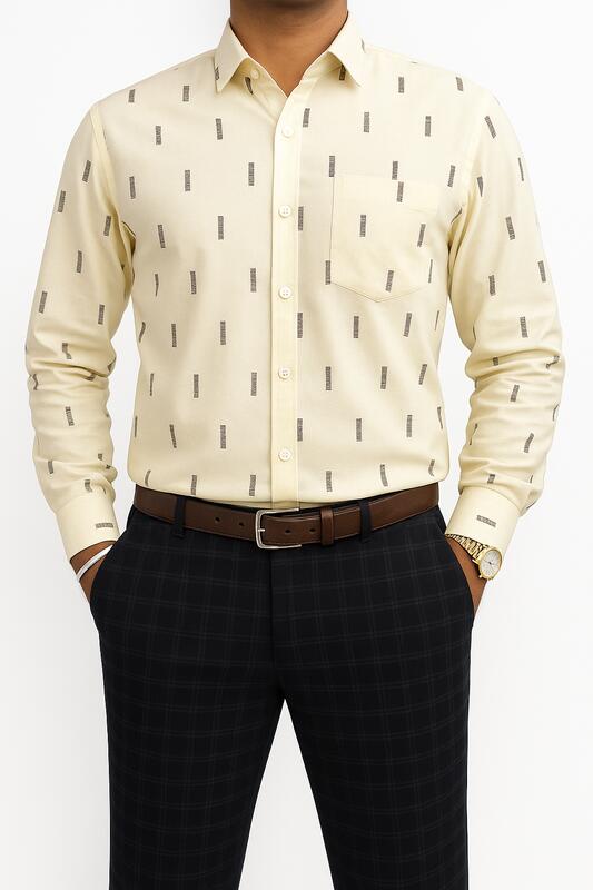 Light Yellow Printed Cotton Shirt with Grey Micro Pattern