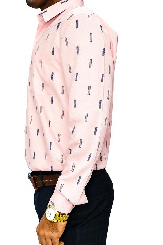 Light Pink Printed Cotton Shirt with Navy Micro Pattern - Image 3