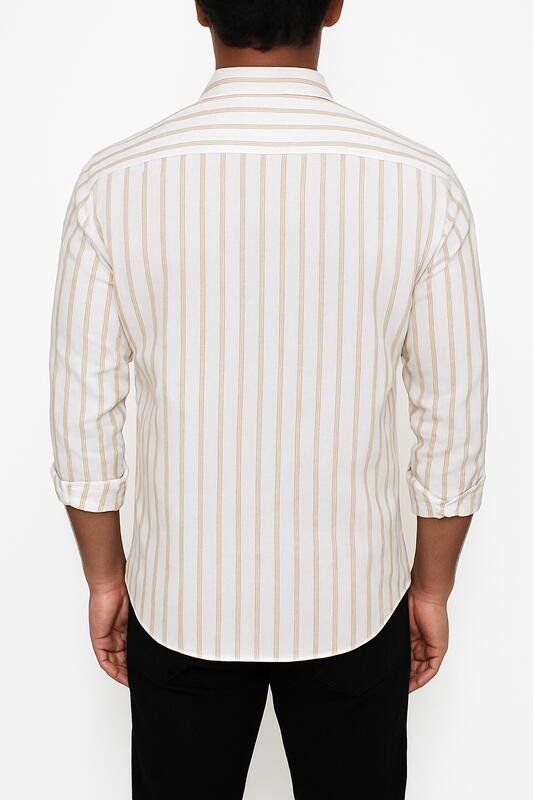 Cream Cotton Shirt with Golden Beige Vertical Stripes - Image 2