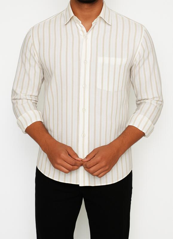 Cream Cotton Shirt with Golden Beige Vertical Stripes