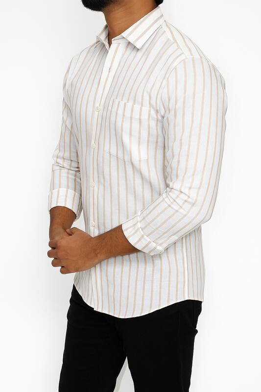 Cream Cotton Shirt with Golden Beige Vertical Stripes - Image 3
