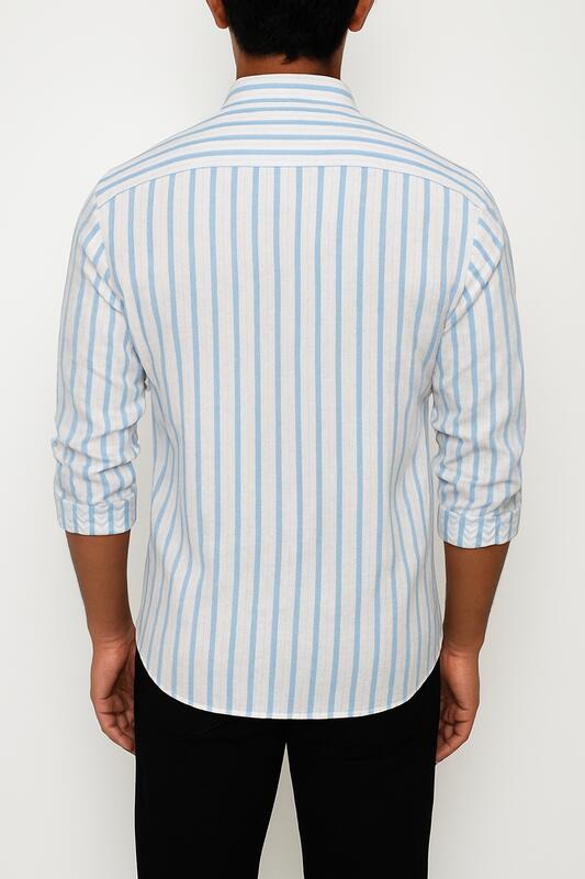 White Cotton Shirt with Blue Vertical Stripes - Image 2