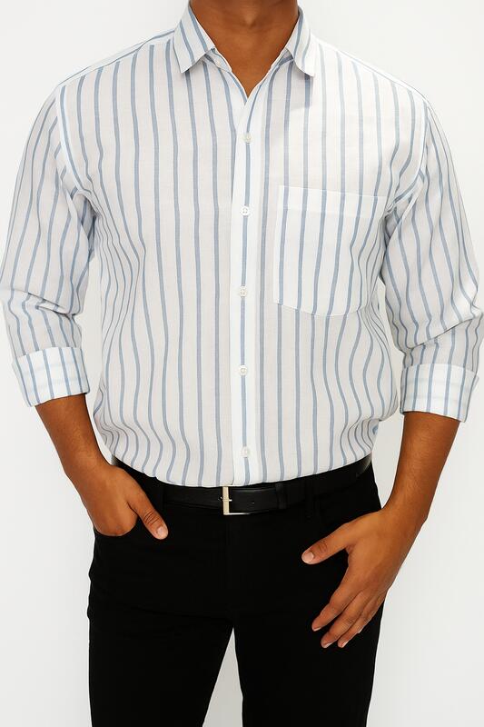 White Cotton Shirt with Blue Vertical Stripes