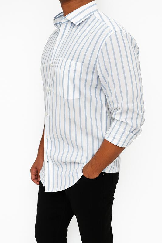 White Cotton Shirt with Blue Vertical Stripes - Image 3