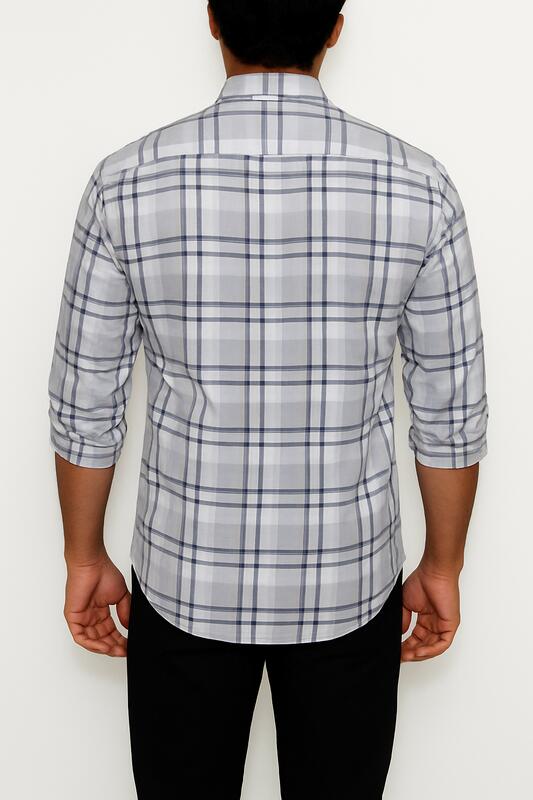 White Cotton Shirt with Blue Check Pattern - Image 4