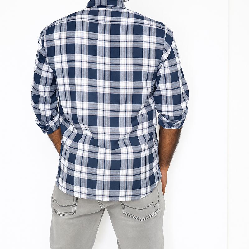 Navy Blue & White Plaid Cotton Shirt - Image 3