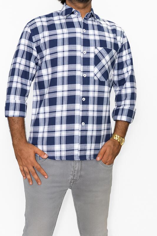 Navy Blue & White Plaid Cotton Shirt - Image 2