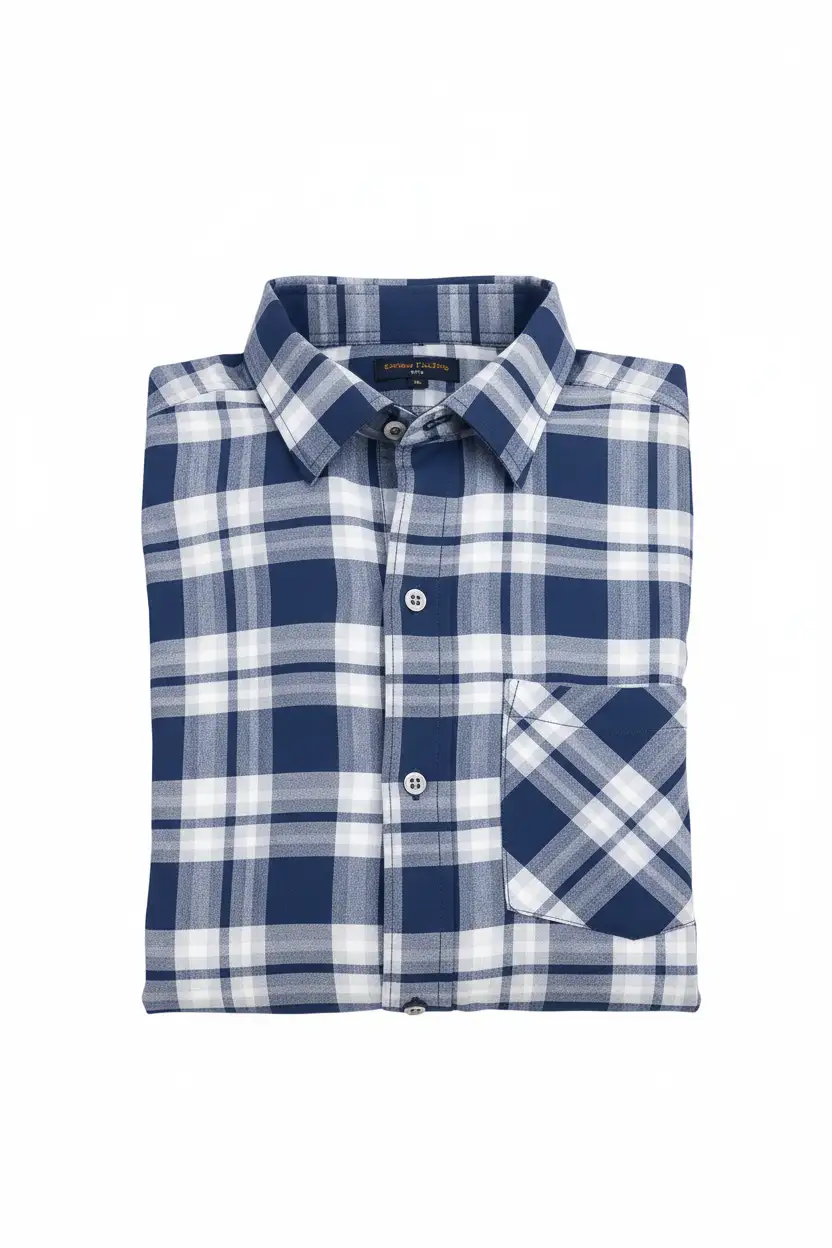 Navy Blue & White Plaid Cotton Shirt - Image 4