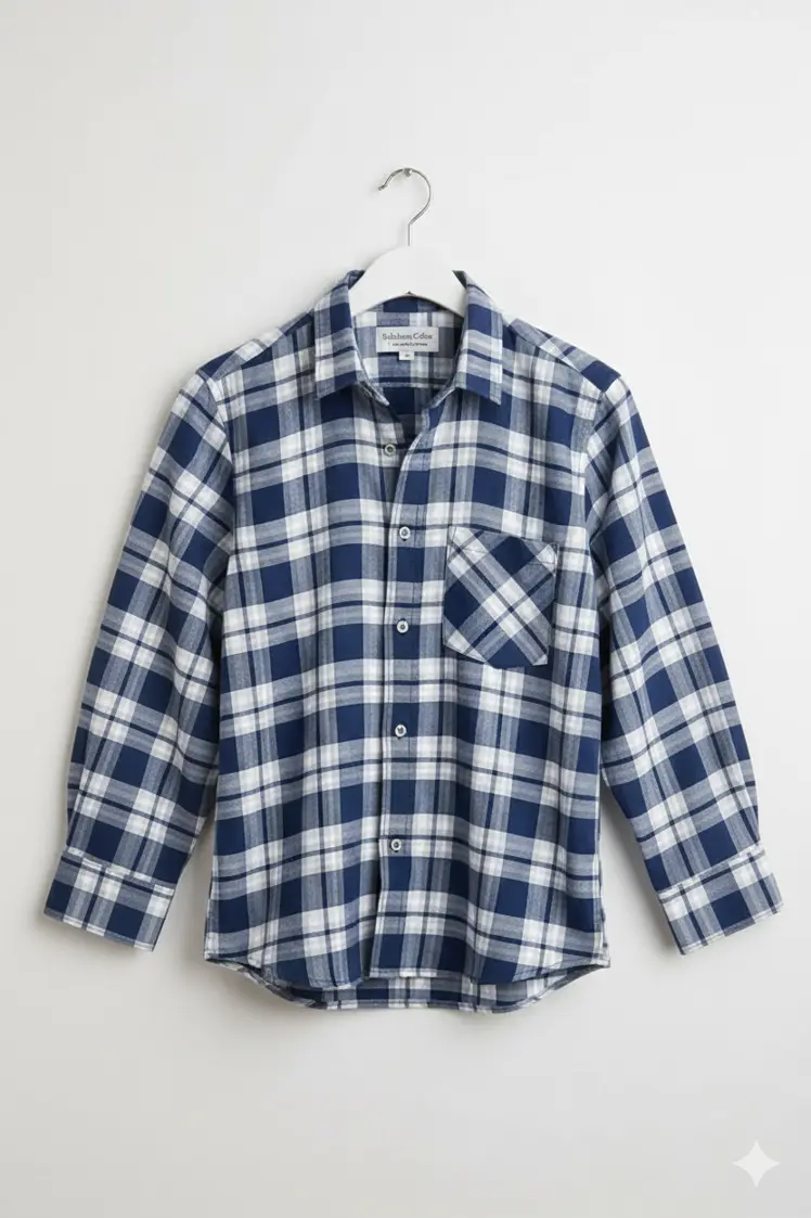 Navy Blue & White Plaid Cotton Shirt - Image 5