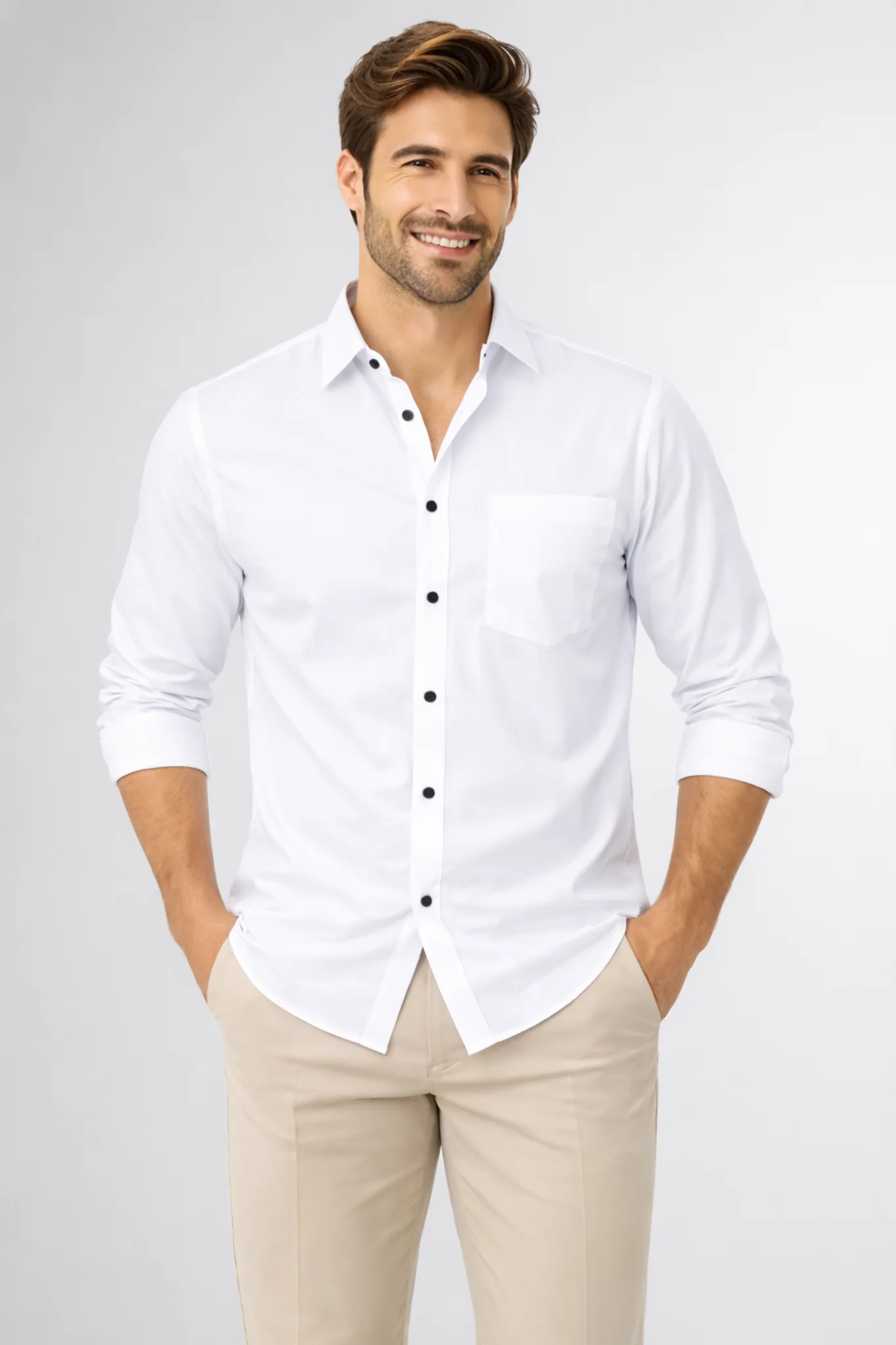 Classic White Cotton Blend Shirt with Black Buttons