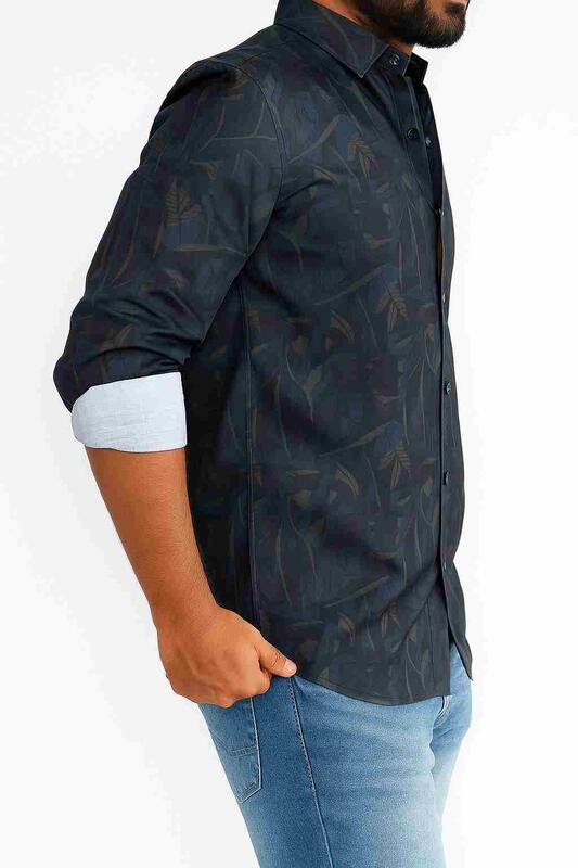 Navy Blue Printed Terry Cotton Shirt