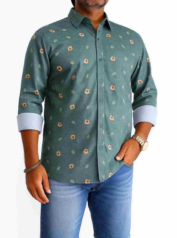Green Floral Printed Terry Cotton Shirt