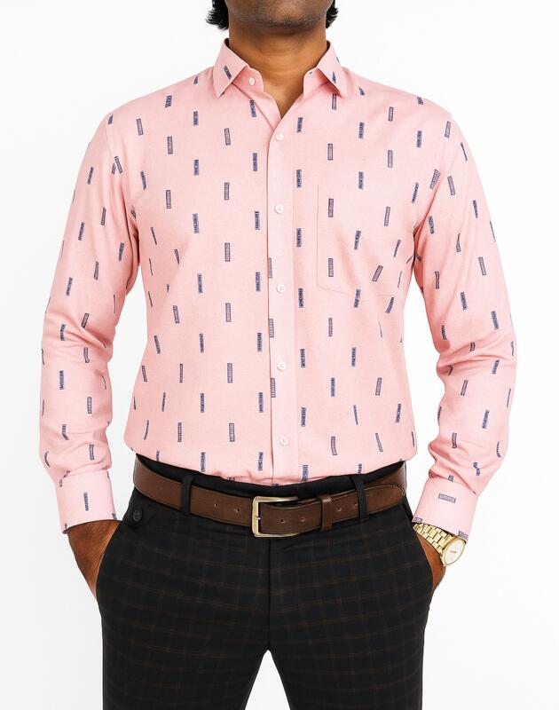 Light Pink Printed Cotton Shirt with Navy Micro Pattern