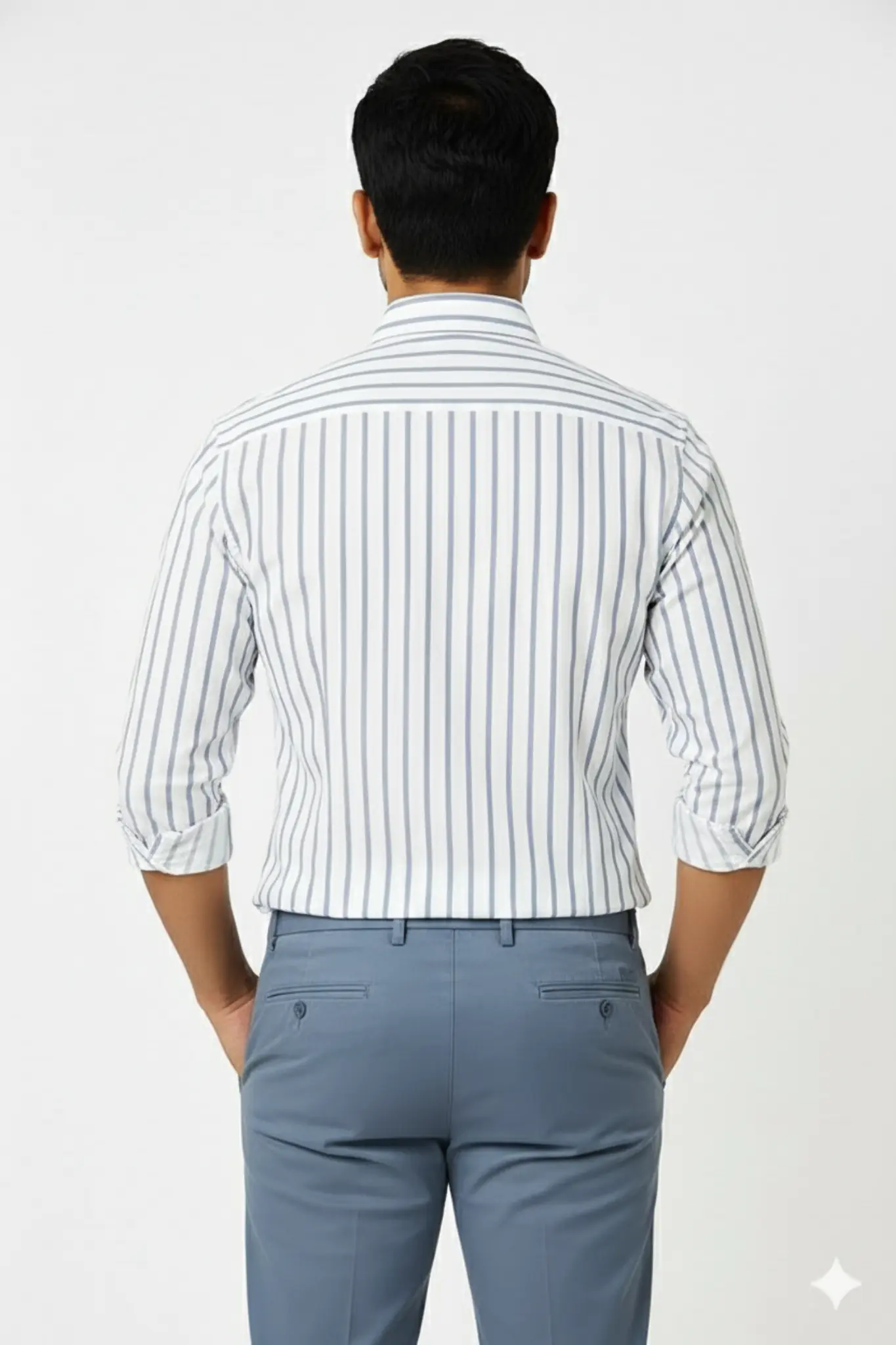 White Cotton Shirt with Blue Vertical Stripes - Image 2