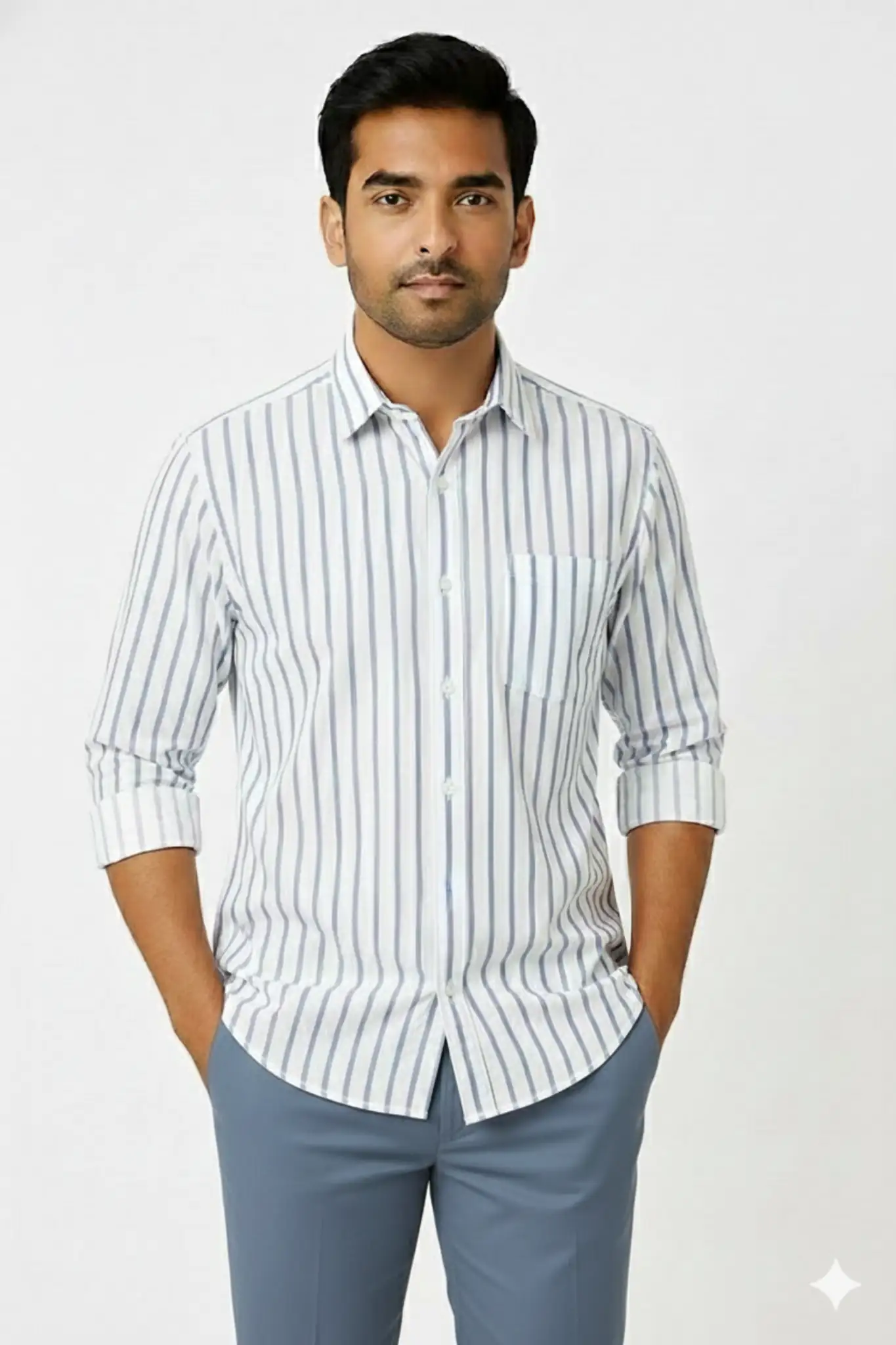 White Cotton Shirt with Blue Vertical Stripes - Image 1