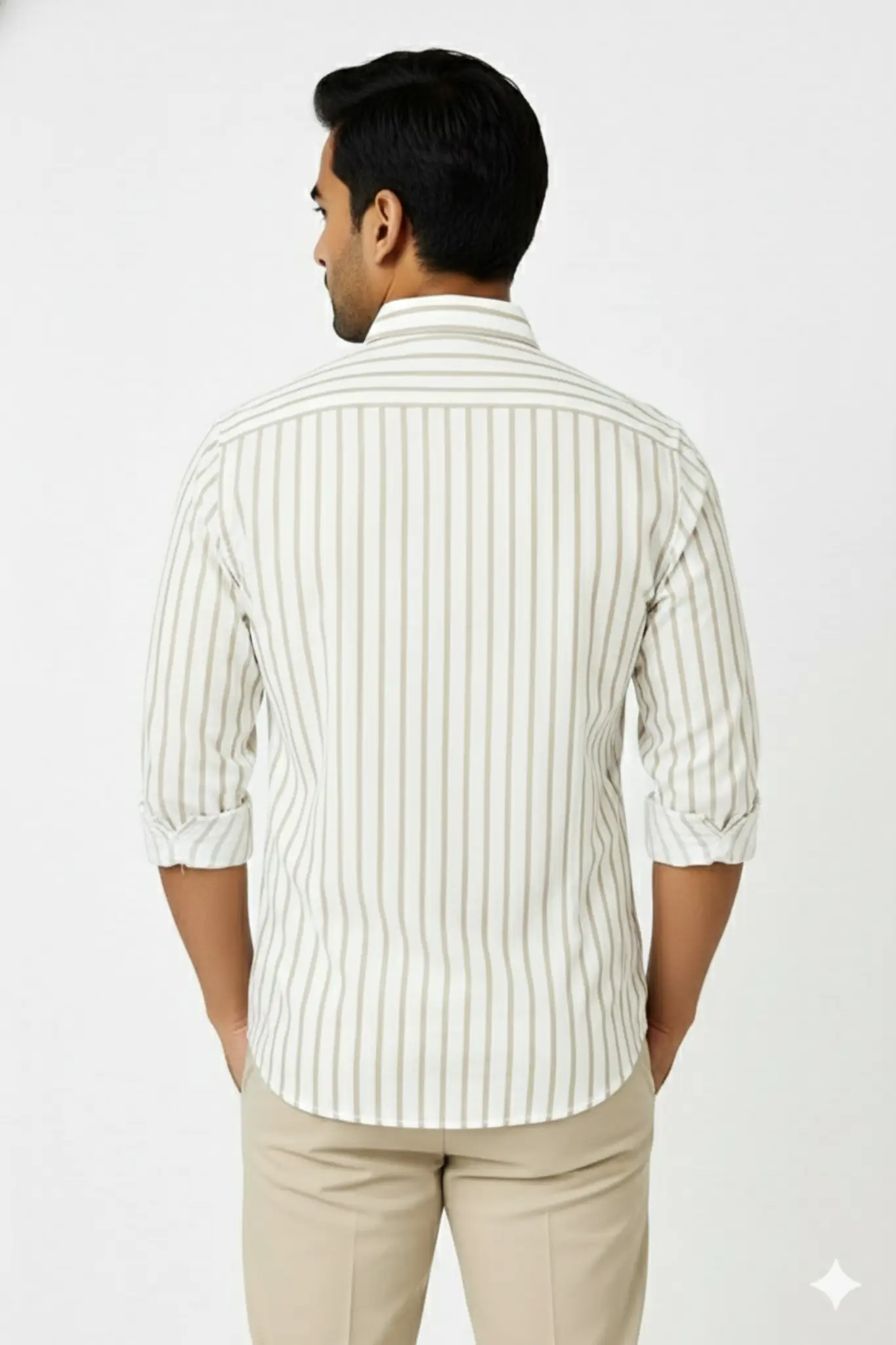 Cream Cotton Shirt with Golden Beige Vertical Stripes - Image 2