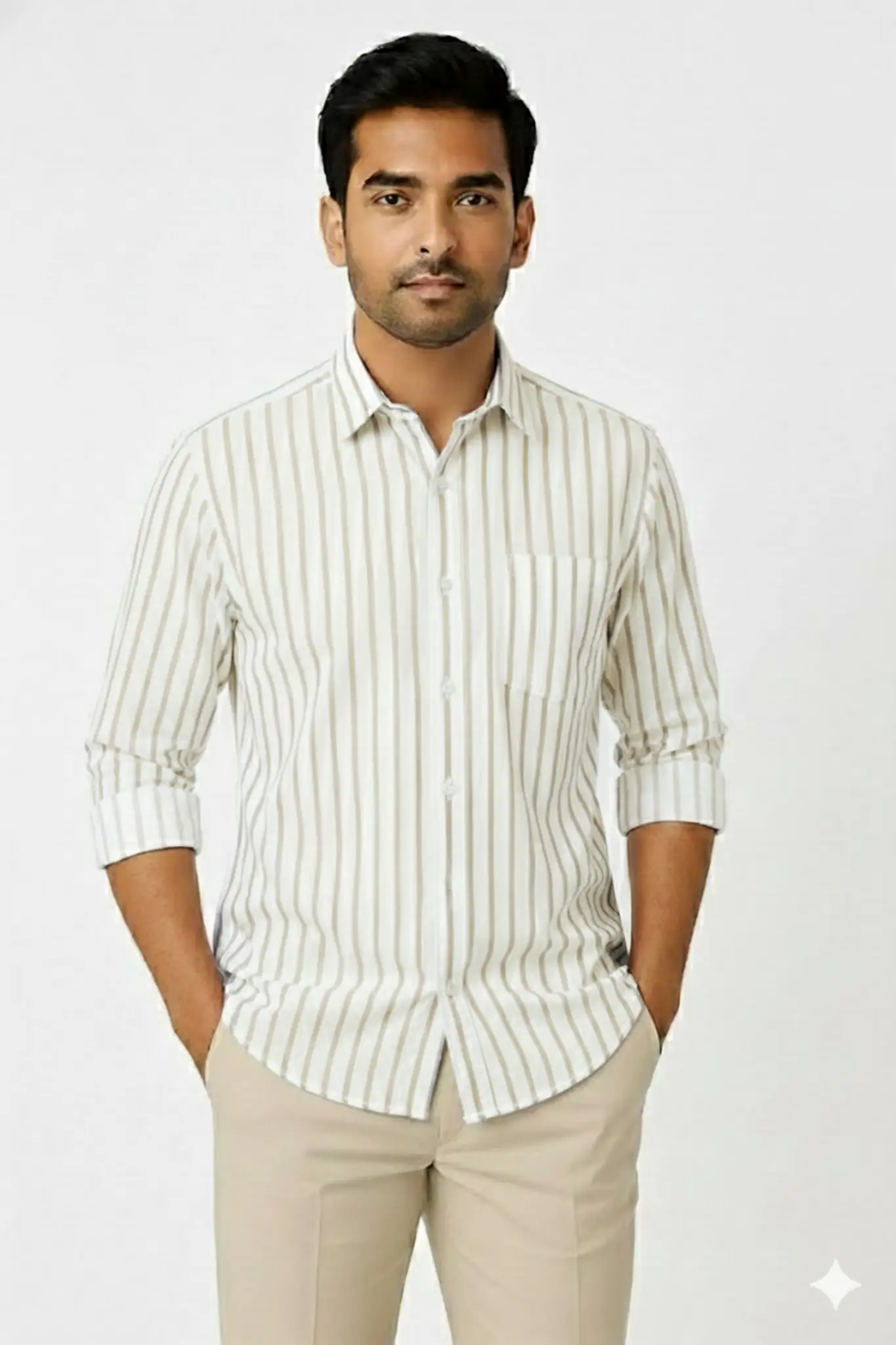 Cream Cotton Shirt with Golden Beige Vertical Stripes - #f6f2e8