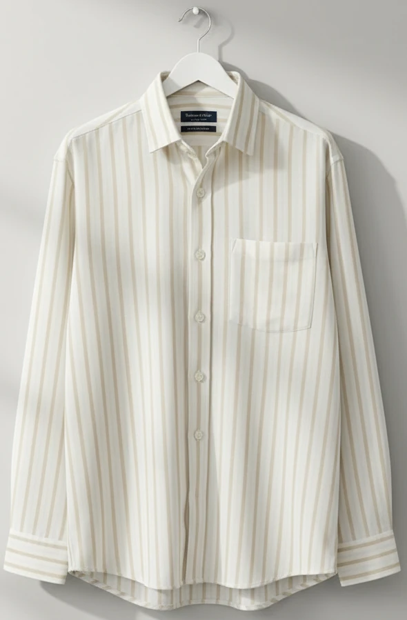 Cream Cotton Shirt with Golden Beige Vertical Stripes - Image 3