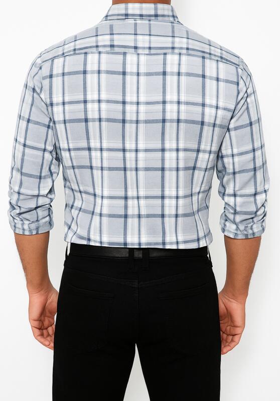 White Cotton Shirt with Blue Check Pattern - Image 2