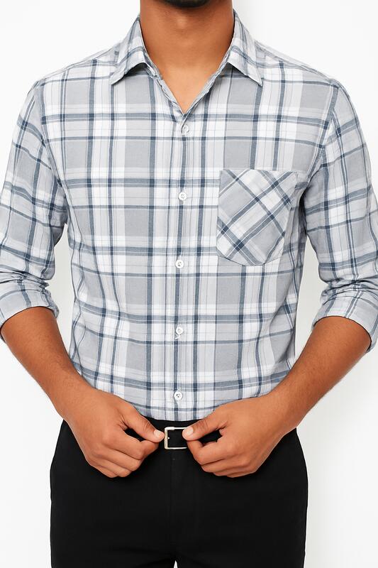 White Cotton Shirt with Blue Check Pattern