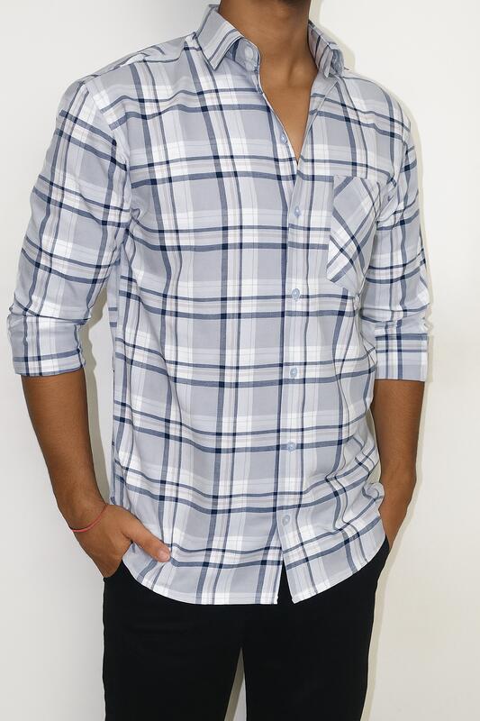 White Cotton Shirt with Blue Check Pattern - Image 1