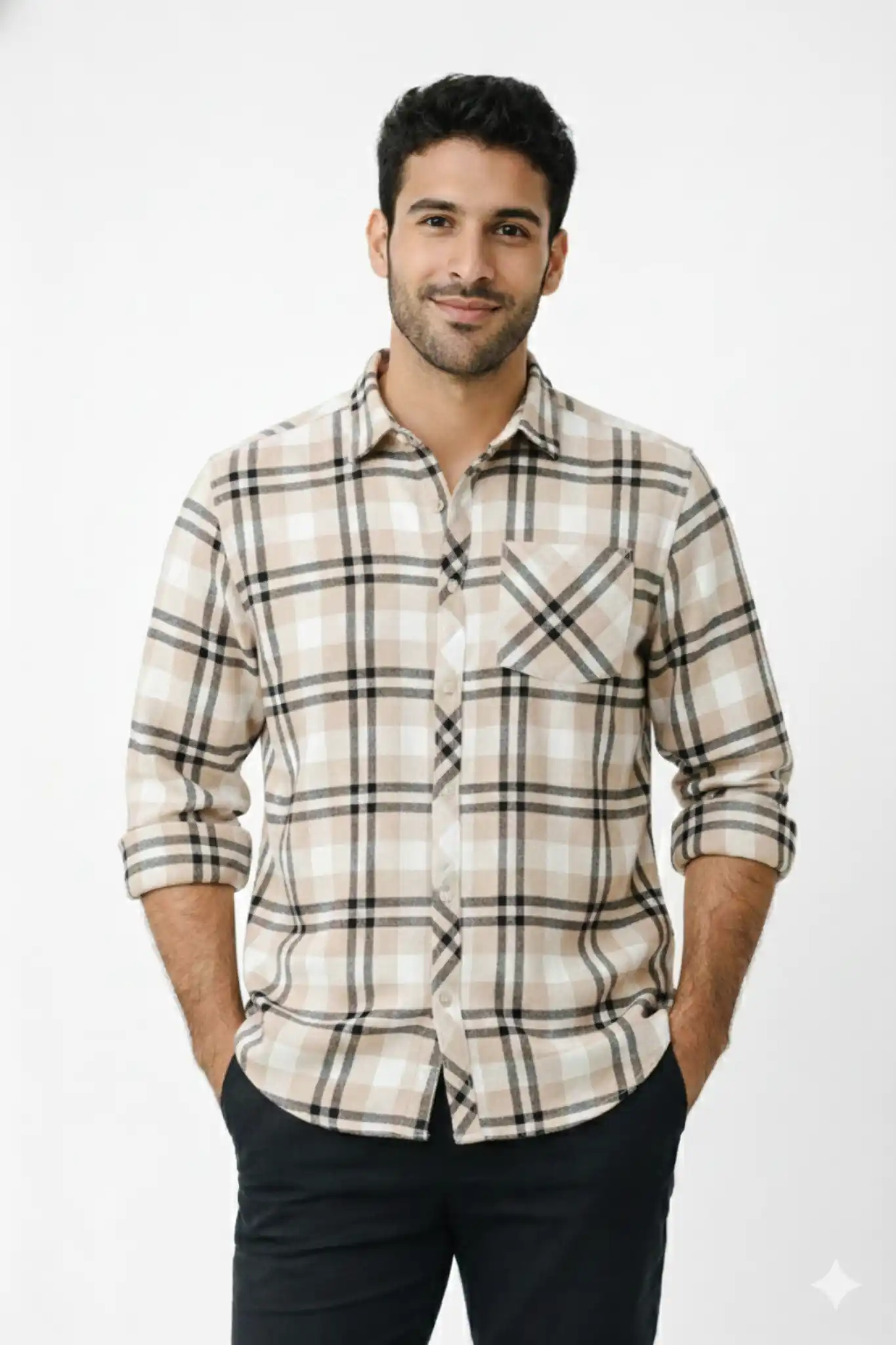Desert Sand & Black Check Cotton Shirt - Image 1