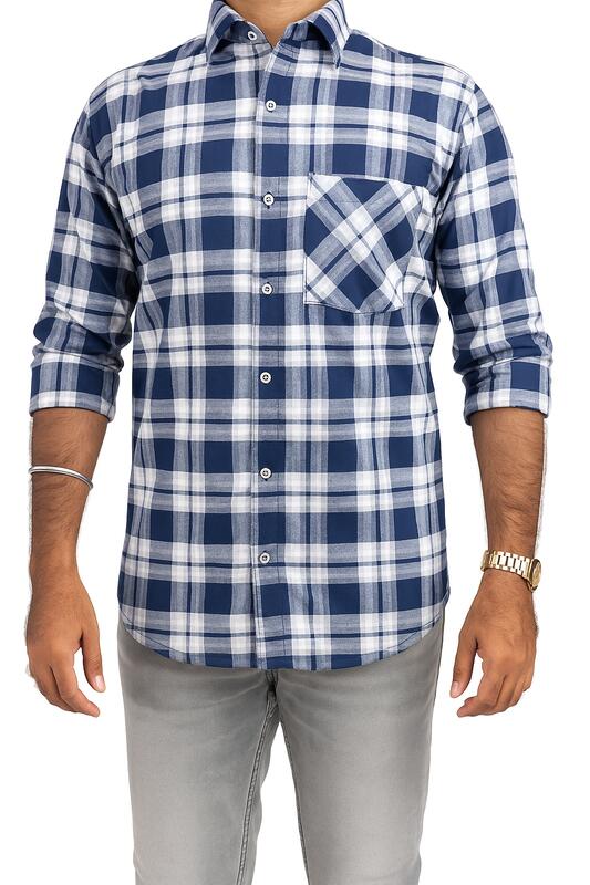 Navy Blue & White Plaid Cotton Shirt