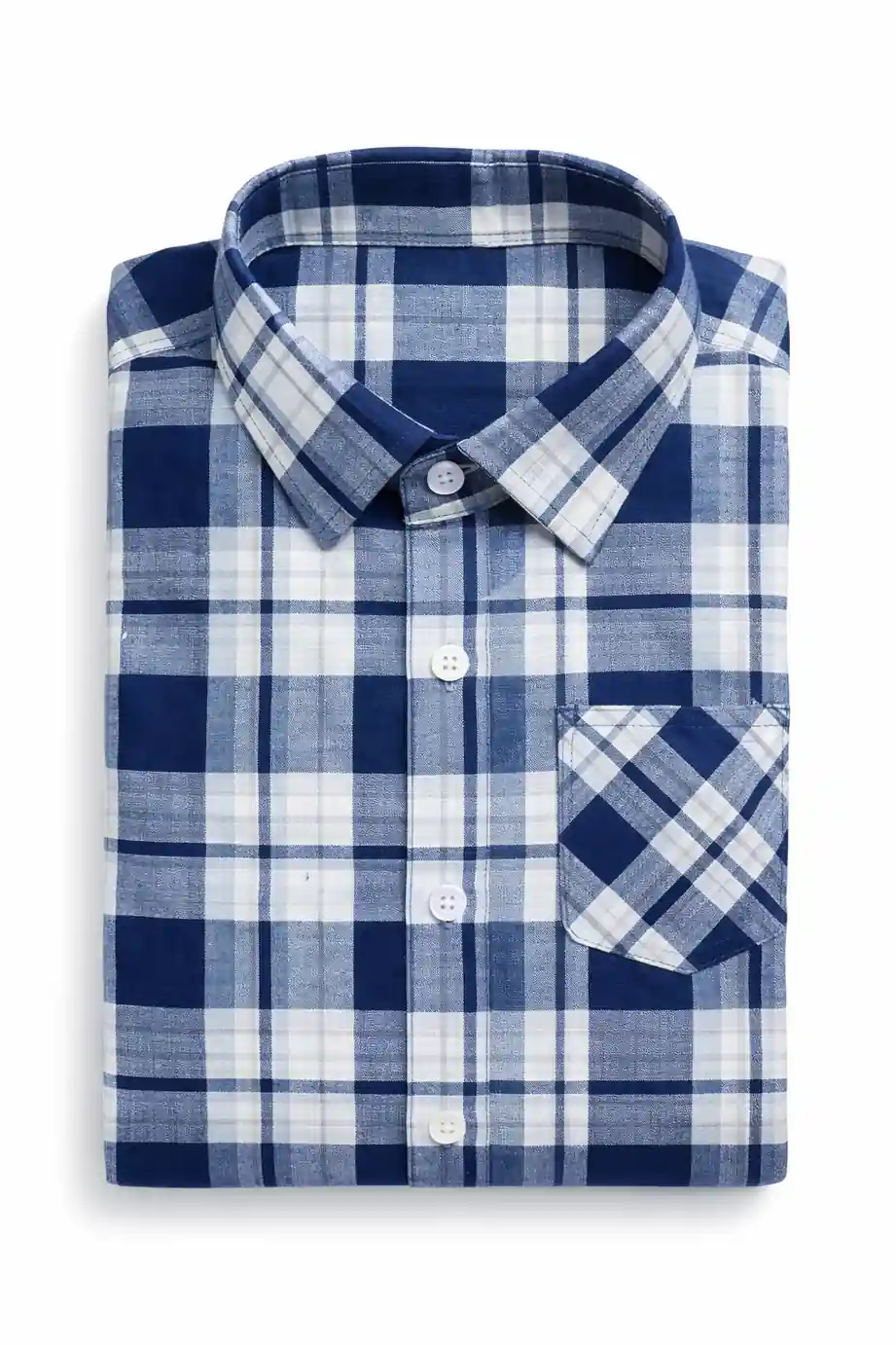 Navy Blue & White Plaid Cotton Shirt - Image 3