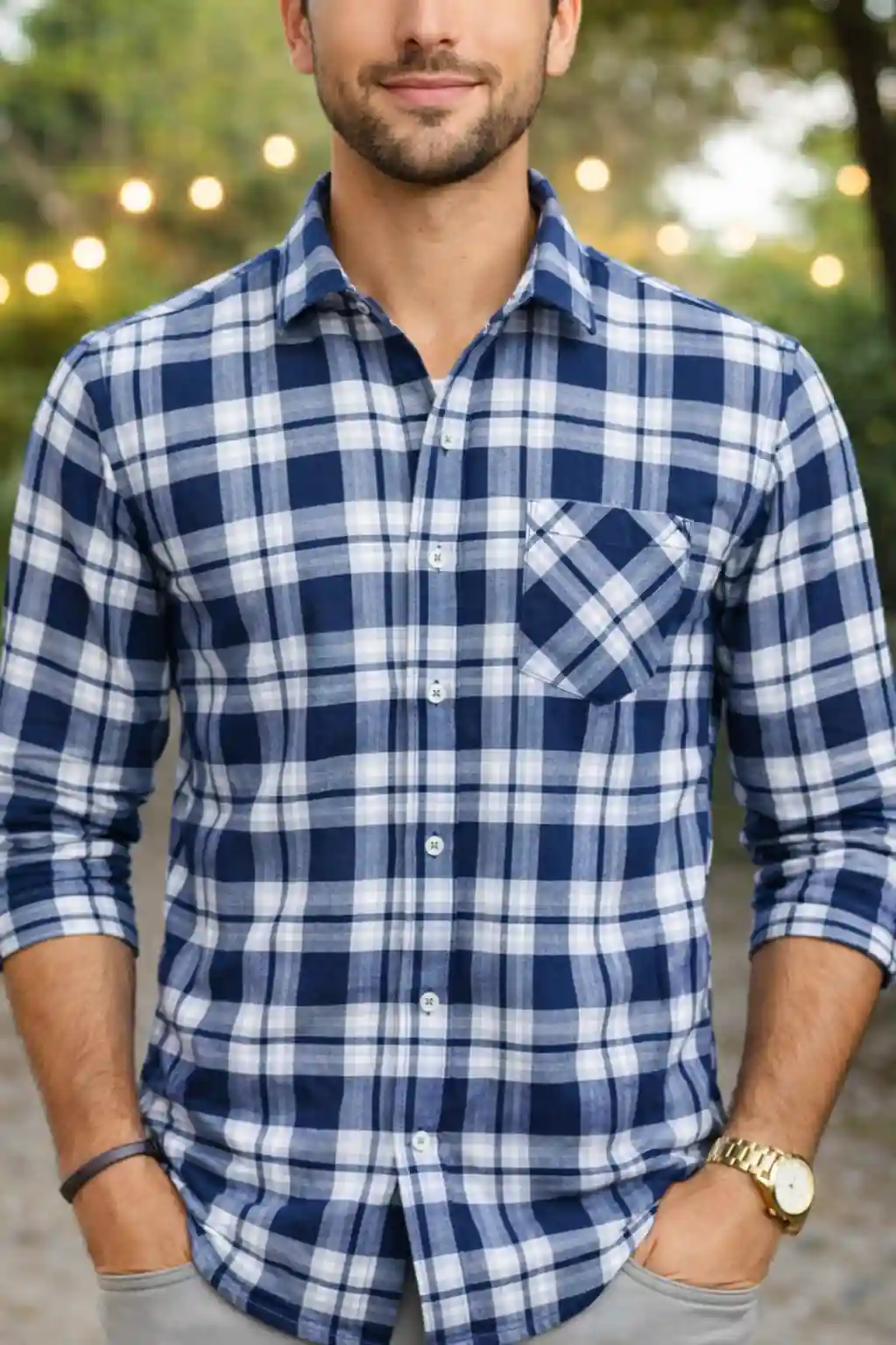 Navy Blue & White Plaid Cotton Shirt - Image 2