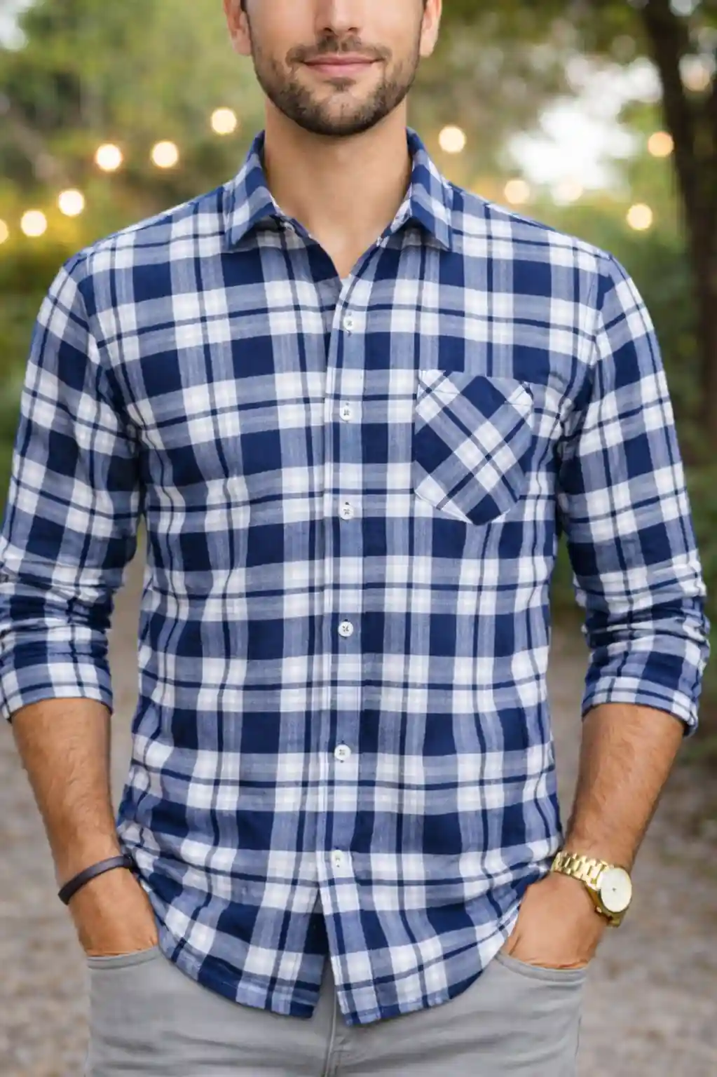 Navy Blue & White Plaid Cotton Shirt - Image 1