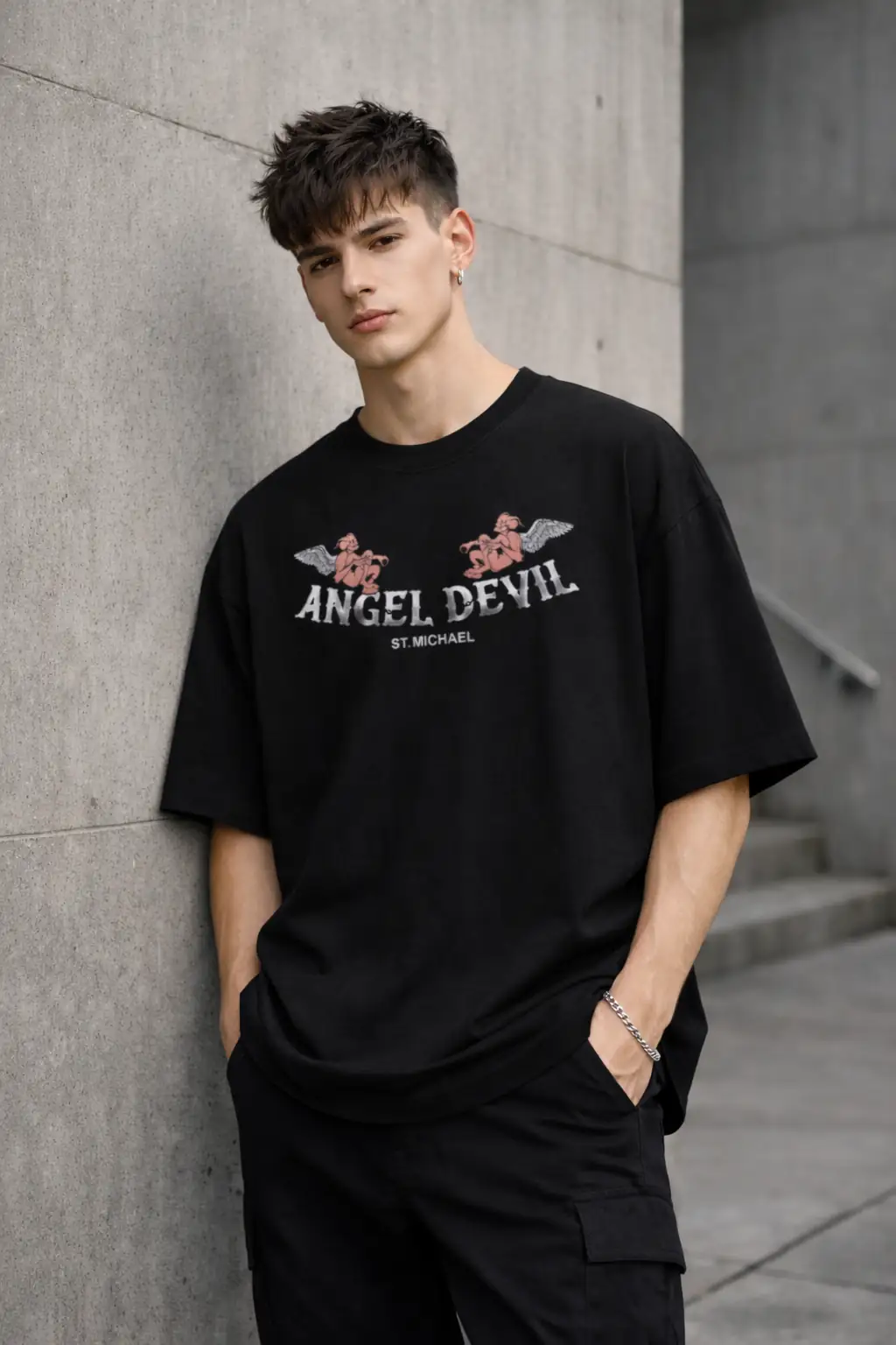 Men’s Black Angel Devil Printed Cotton T-Shirt