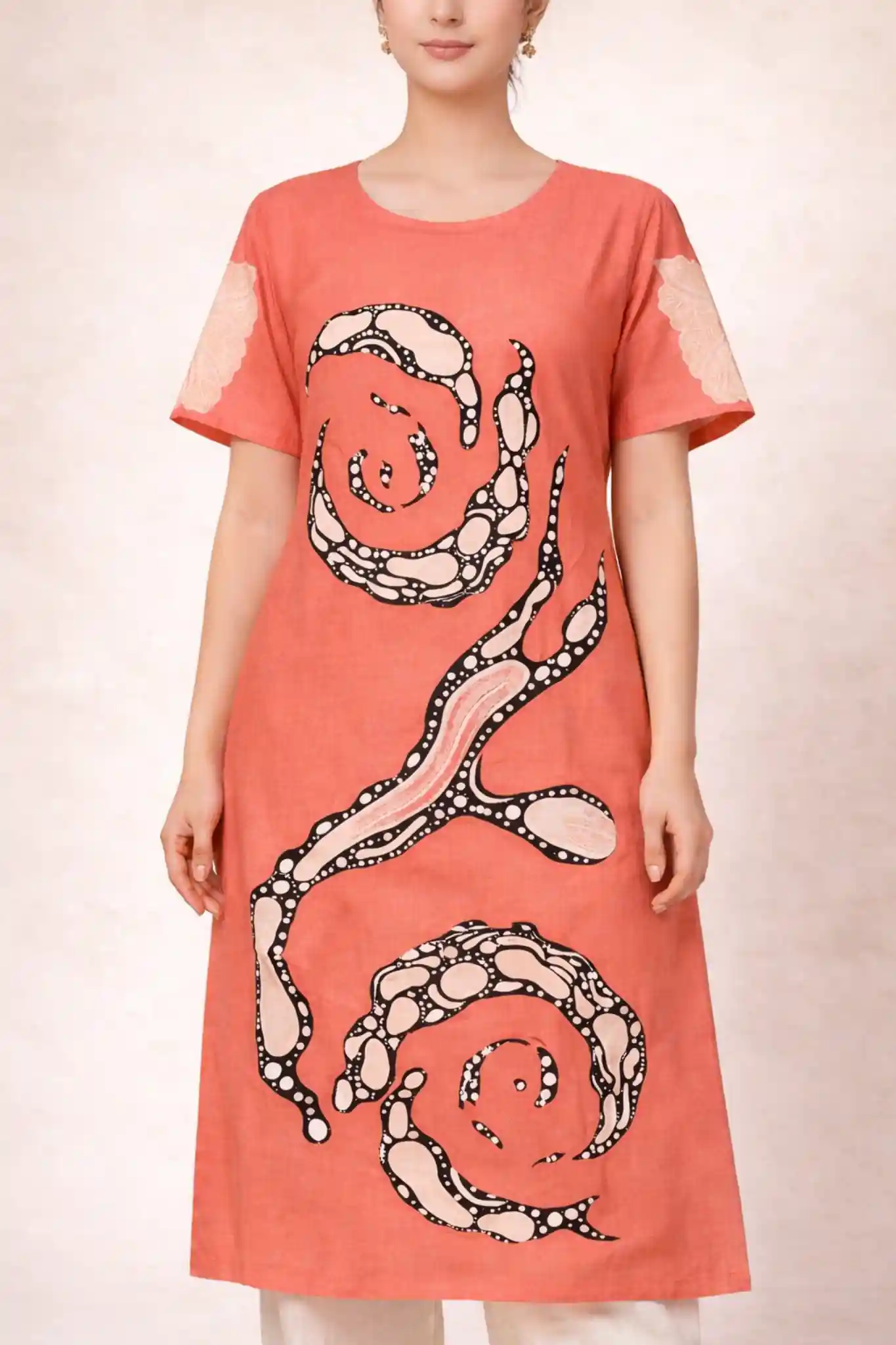 Coral Peach Printed Cotton Kurti