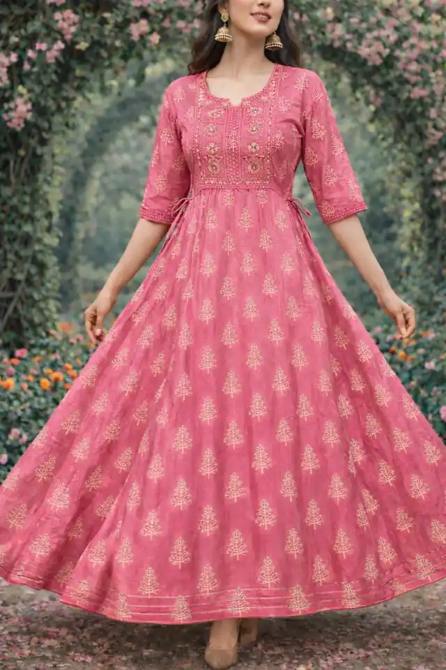 Elegant Printed Cotton Anarkali Kurti with Ethnic Motifs - #c97a82
