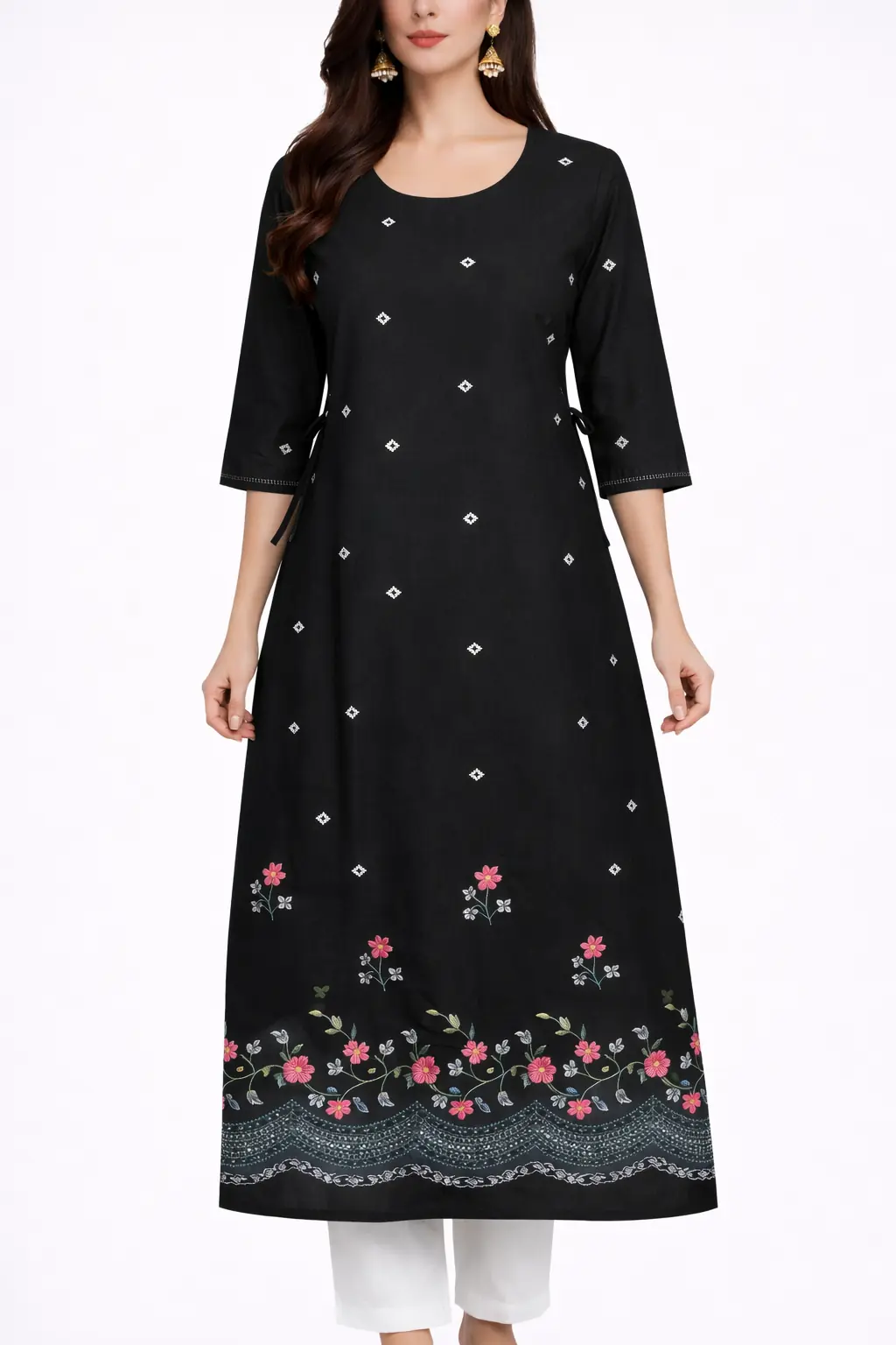 Elegant Floral Border Printed Cotton A-Line Kurti