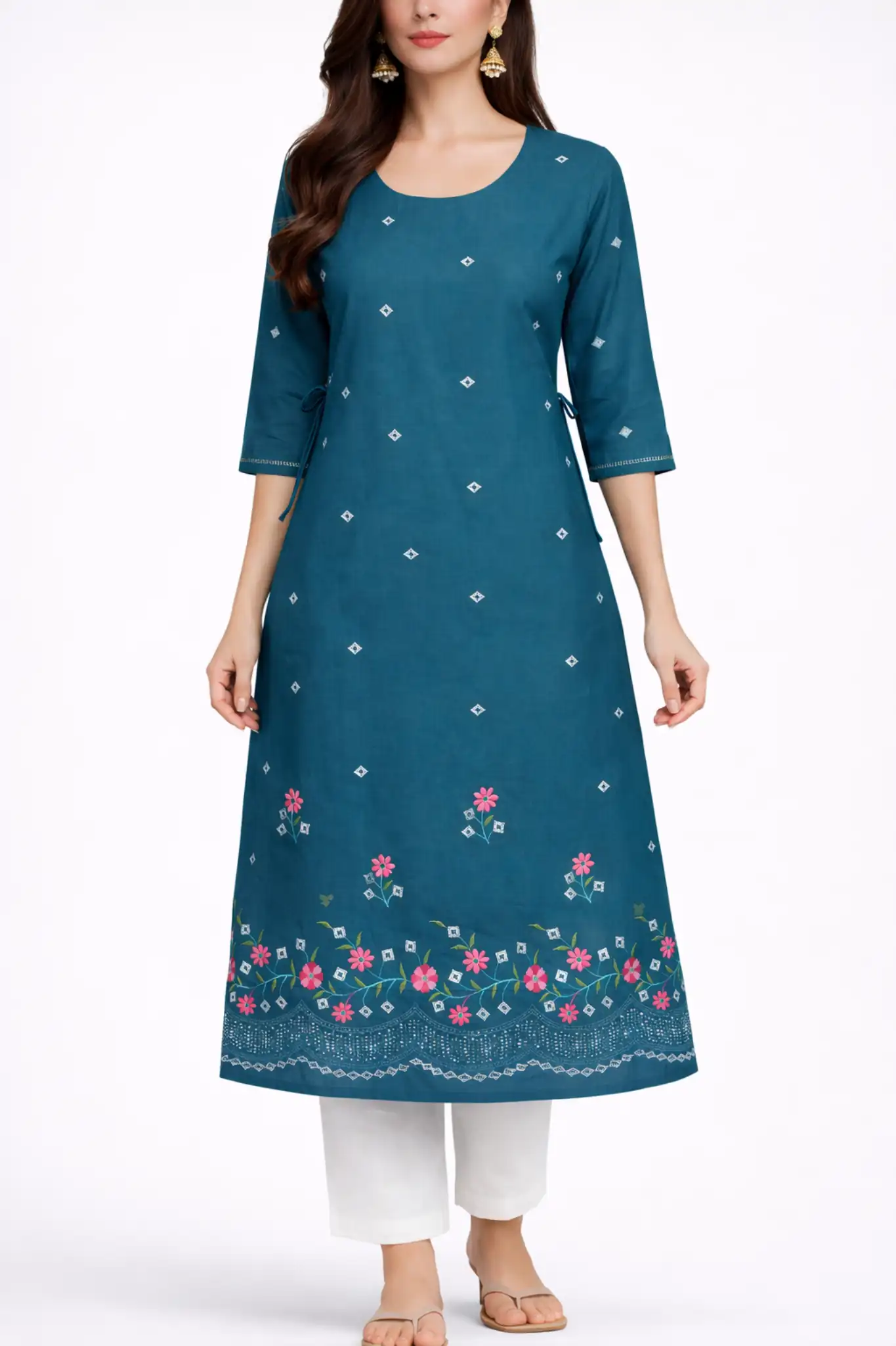 Elegant Floral Border Printed Cotton A-Line Kurti