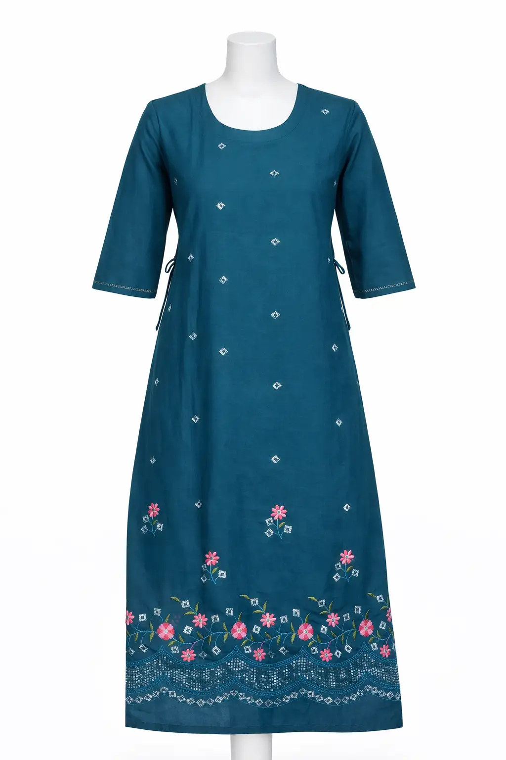 Elegant Floral Border Printed Cotton A-Line Kurti - Image 2