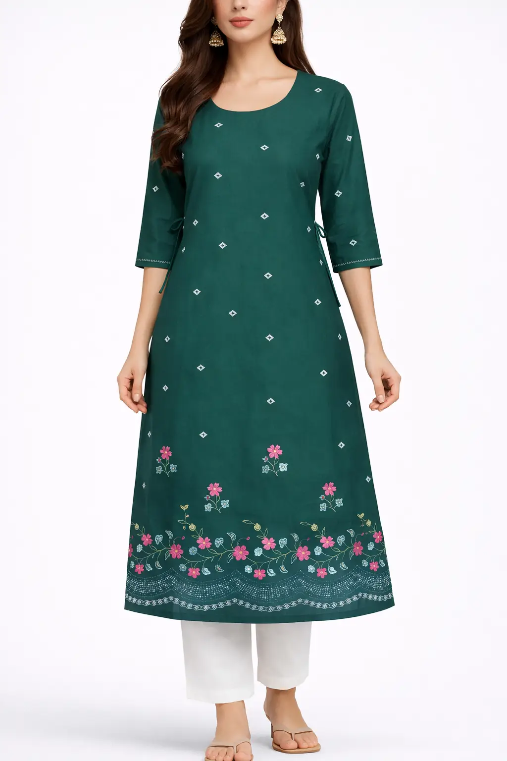 Elegant Floral Border Printed Cotton A-Line Kurti
