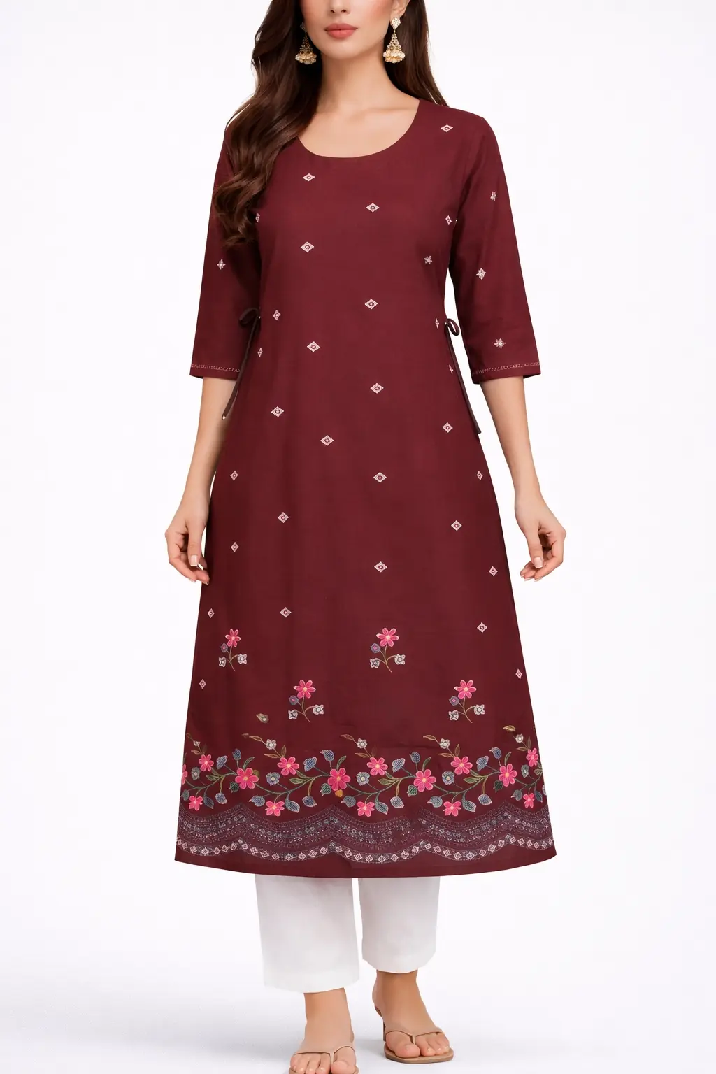 Elegant Floral Border Printed Cotton A-Line Kurti