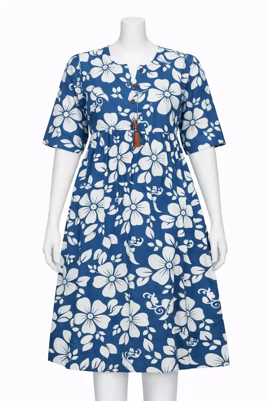 Floral Printed Cotton A-Line Kurti with Buttoned Neck