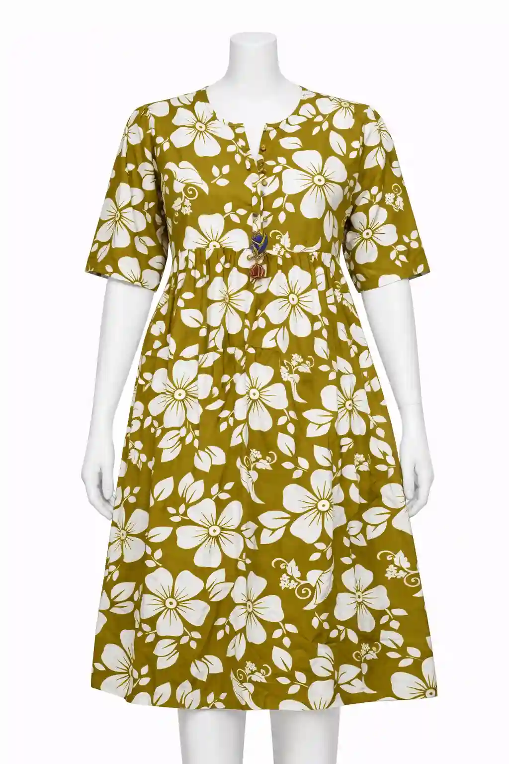 Floral Printed Cotton A-Line Kurti with Buttoned Neck