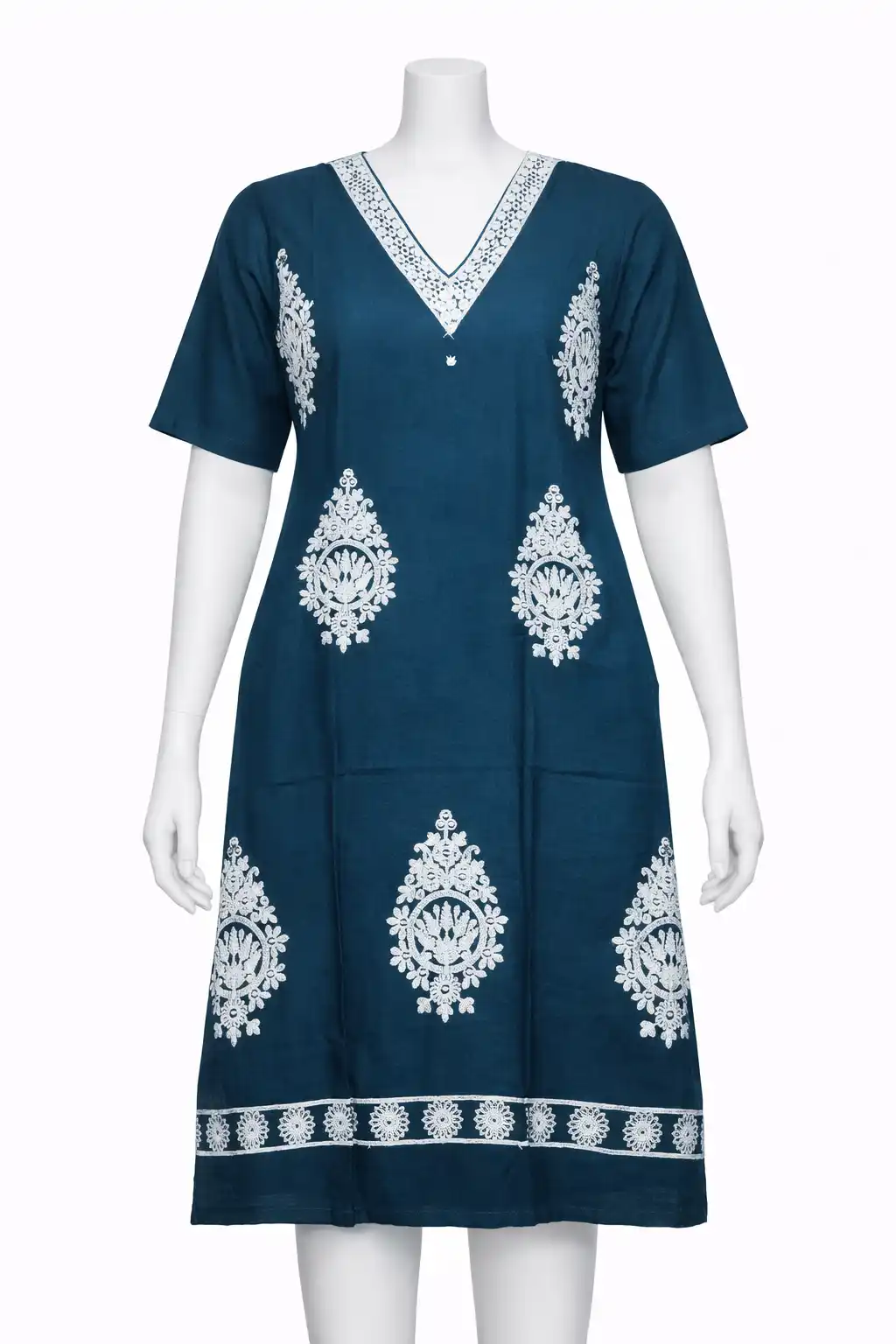 Embroidered Cotton Straight Kurti with V-Neck Design