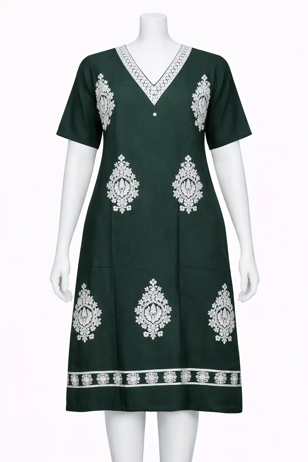 Embroidered Cotton Straight Kurti with V-Neck Design